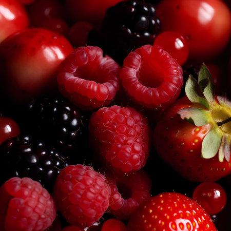 Fruits and berries background. Raspberries, blackberries, cherries and strawberries.の素材