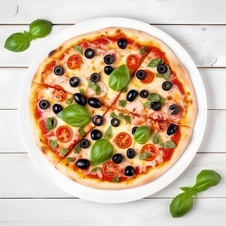 Pizza with mozzarella cheese, olives and basil on white wooden backgroundの素材