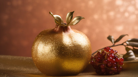 golden christmas ball and red currant on golden cloth backgroundの素材