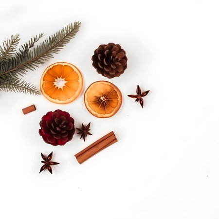 Christmas composition. Spruce branch, dried orange slices, cinnamon sticks and star anise on white background. Flat lay, top view, copy spaceの素材