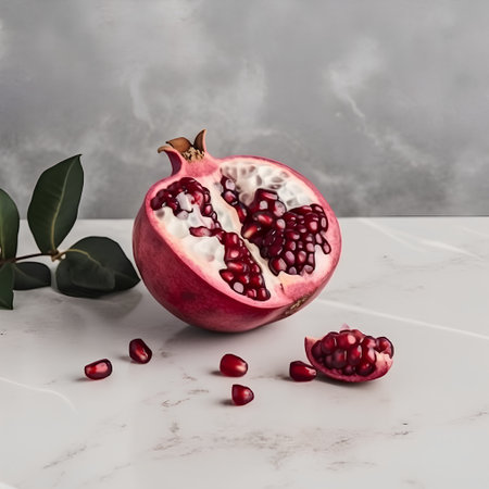 Ripe pomegranate fruit on white marble table with green leavesの素材