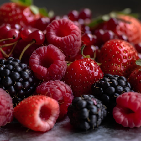 fresh raspberries, blackberries and red currants, selective focusの素材