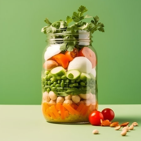 Glass jar with mixed vegetables and chickpeas on a green backgroundの素材