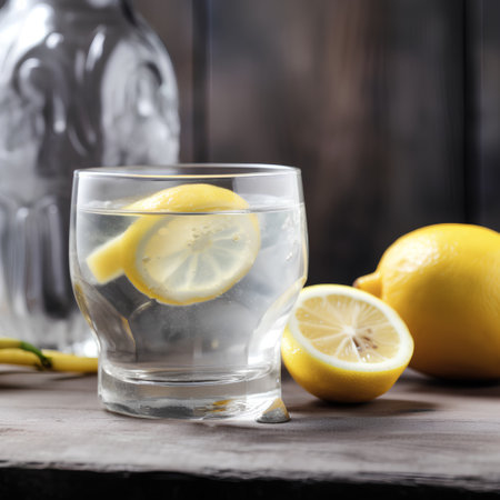 Glass of lemonade with lemon and ice cubes on a wooden backgroundの素材