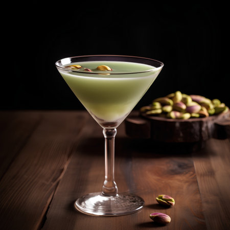 Pistachio cocktail in martini glass on wooden table.の素材