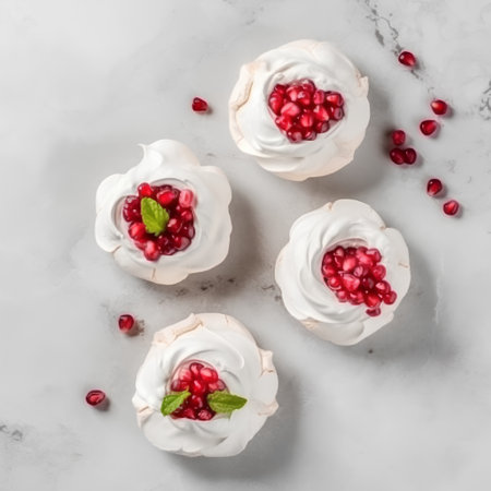 Meringue Pavlova dessert with pomegranate and mintの素材