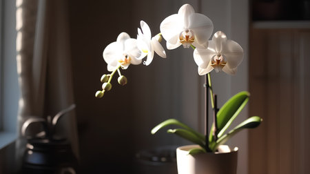 Beautiful white orchids in vase on window sill indoorsの素材