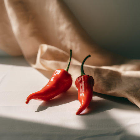 Red hot chili peppers on a white tablecloth. Shallow depth of field.の素材
