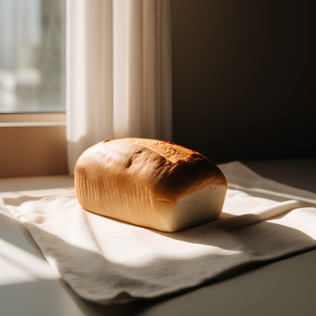 Freshly baked loaf of bread on a linen napkin on a window sill.の素材