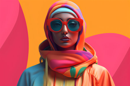 Portrait of a beautiful woman in a colorful hoodie. 3d illustrationの素材