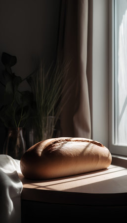Freshly baked bread on a wooden table near the window. Selective focus.の素材