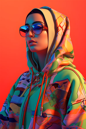 3d illustration of a beautiful young woman in a bright hoodie.の素材