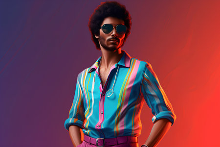 Fashionable afro american man in colorful shirt and sunglasses.の素材
