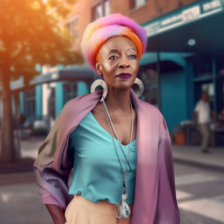 Fashionable african american woman with colorful hair in the city.の素材