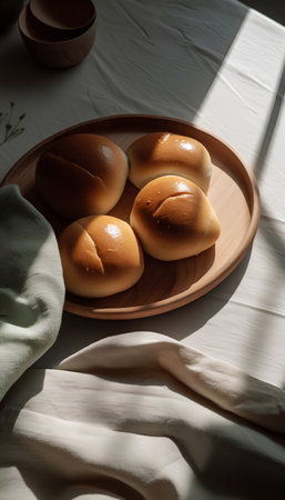 Bread rolls on a wooden plate on a white tablecloth in sunlight.の素材
