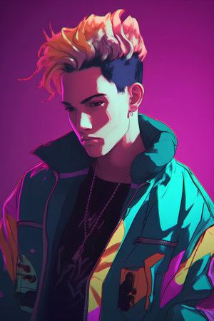 Portrait of a young man in a leather jacket. Vector illustration.の素材