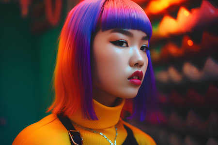 Portrait of a beautiful asian girl with colorful hair. Fashion shot.の素材