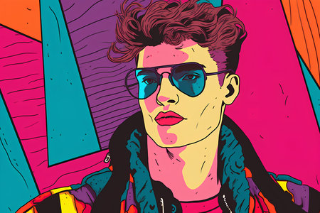 Hipster young man with sunglasses. Vector illustration in pop art style.の素材