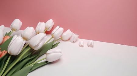 White tulips on a pink background with space for your text.の素材