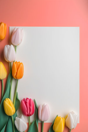 Flowers composition. Frame made of tulips on pink background. Flat lay, top view, copy spaceの素材
