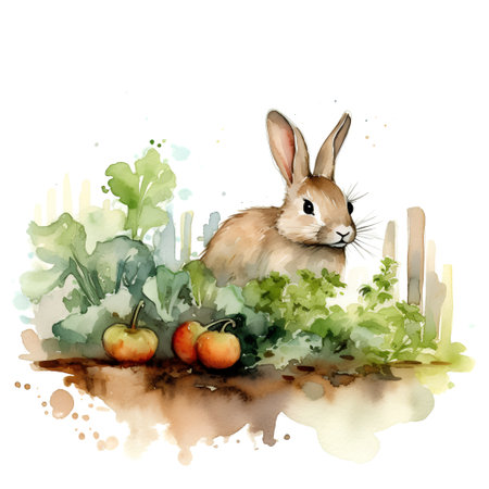 Rabbit and vegetables. Watercolor hand drawn illustration on white backgroundの素材