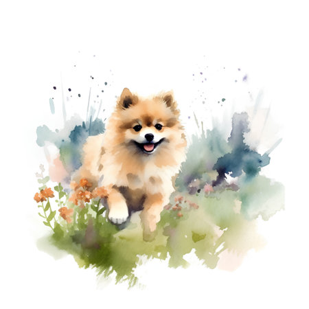 Cute pomeranian dog in the grass. Watercolor illustrationの素材