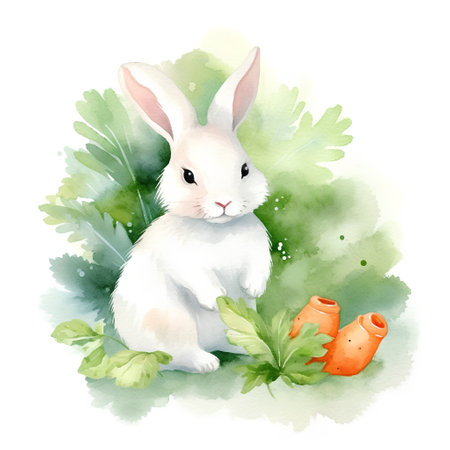 Rabbit and carrot. Watercolor illustration isolated on white background.の素材