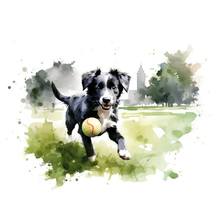 Watercolor portrait of a border collie playing with a ball in the parkの素材