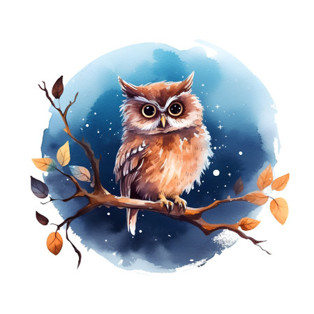 Watercolor owl on a branch. Hand drawn illustration isolated on white background.の素材