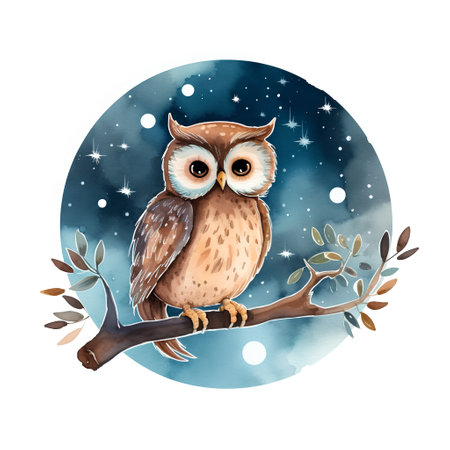 Watercolor illustration of a cute owl on a branch in the night sky.の素材