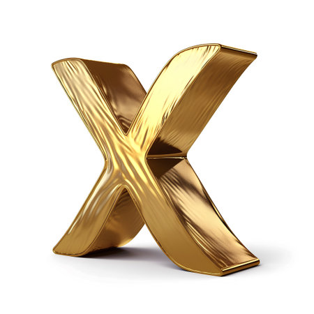 Golden letter X isolated on white background. 3D rendering. Golden font.の素材