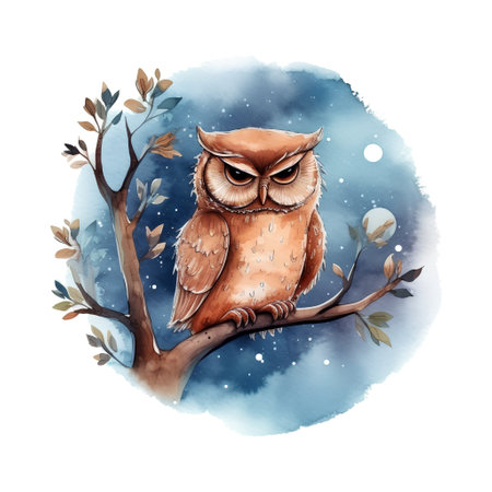 Watercolor owl on tree branch. Hand drawn illustration isolated on white background.の素材