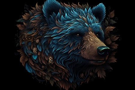 Brown bear head with floral ornament on black background. Vector illustration.の素材