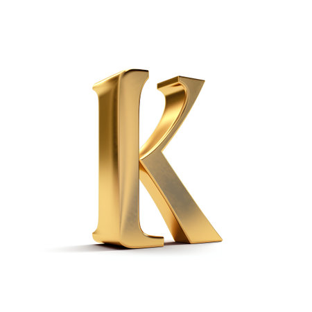 Golden letter K isolated on white background. 3D illustration. Golden font.の素材