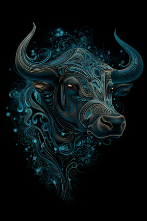 Vector illustration of a buffalo head with abstract patterns on a black backgroundの素材