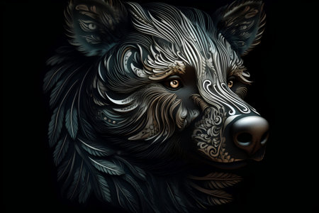 Stylized portrait of a wild boar in a black backgroundの素材