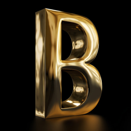 Letter B uppercase. Gold font on black background. 3d renderの素材