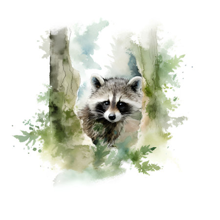 Watercolor raccoon in the forest. Hand drawn illustration isolated on white background.の素材