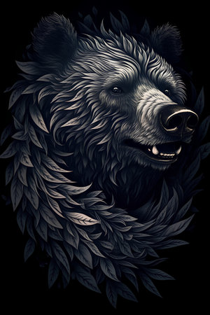 Black bear head with leaves on a black background. Vector illustration.の素材