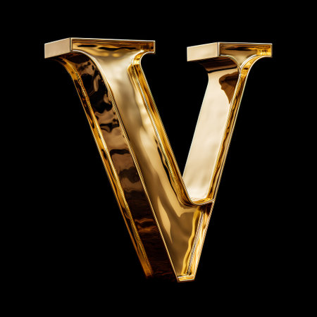 Letter v from gold solid alphabet. 3D render isolated on black backgroundの素材
