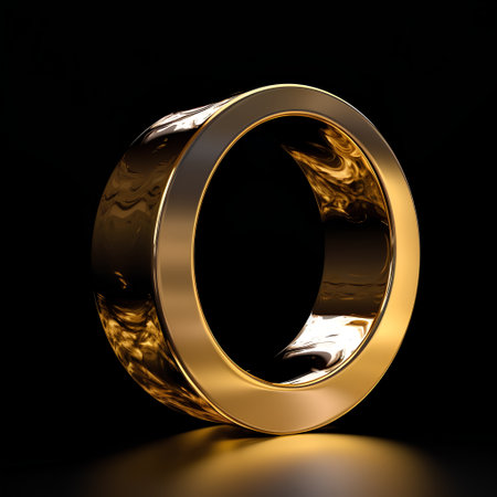 Gold ring on black background. 3d render of gold ring with reflectionの素材