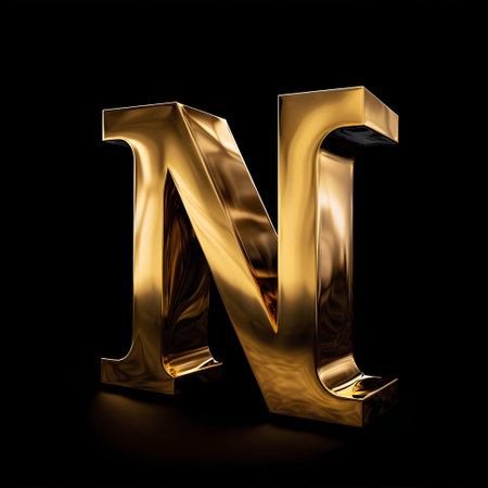 Vector golden letter N uppercase isolated on black background. 3d renderingの素材