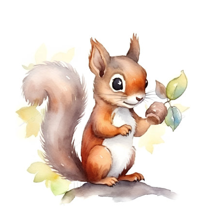 Watercolor squirrel with autumn leaves isolated on white background. Hand drawn illustrationの素材