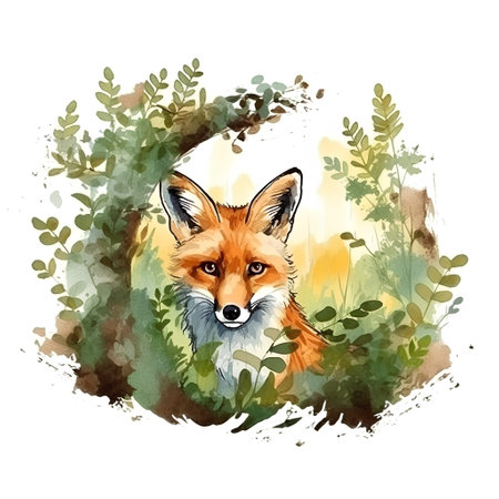 Watercolor illustration of a fox in the grass. Vector illustration.の素材