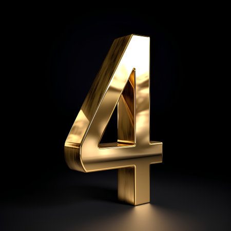 Gold metal number 4 isolated on black background. 3d rendered font.の素材