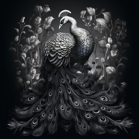 Peacock on a black background. Hand-drawn illustration.の素材