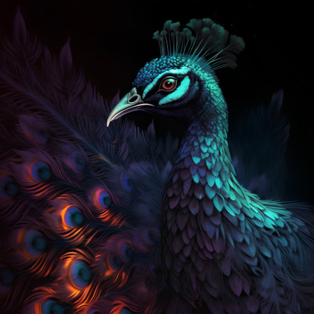 Beautiful peacock with feathers on a black background. Digital painting.の素材