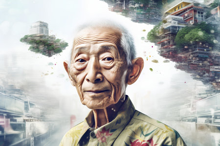 Portrait of an elderly asian man with abstract city background.の素材