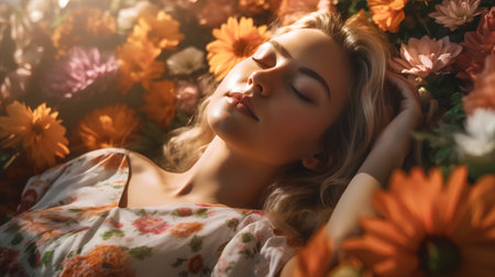 Portrait of a beautiful young woman lying among flowers. Beauty, fashion.の素材