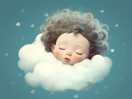 Cute little girl sleeping in a fluffy cloud. 3D renderingの素材